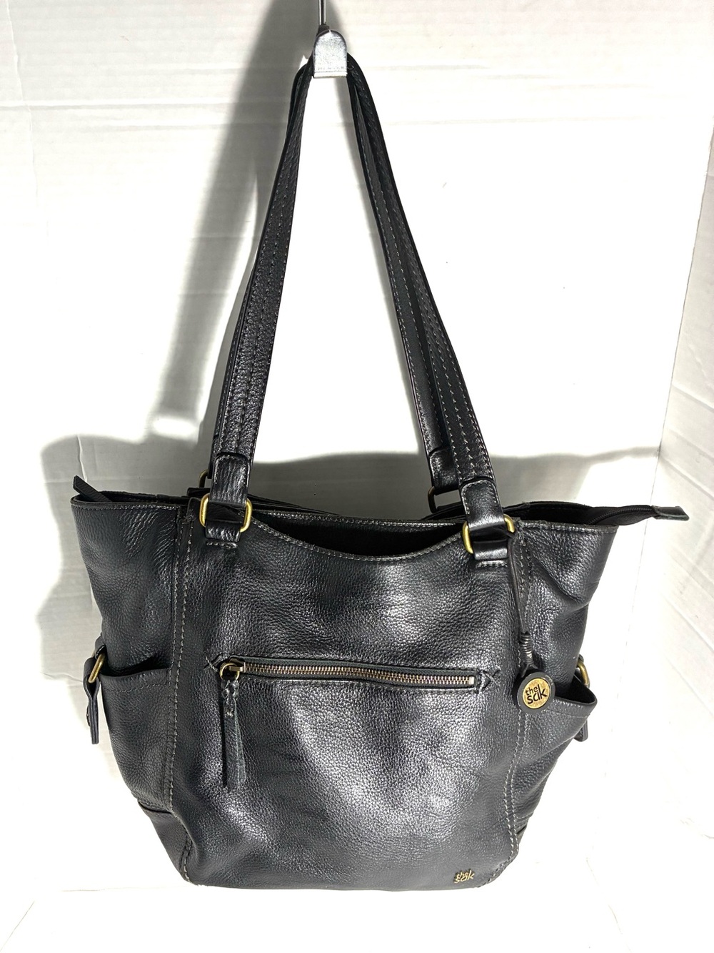 The Sak Black Pebbled Leather Shoulder Tote Bag Gold-Tone Hardware
